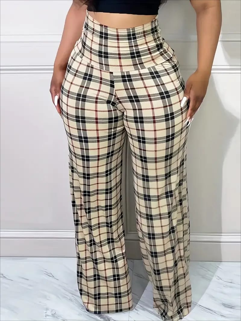 Pantalón Palazo de Mujer Tiro Alto a Cuadros. Diseño Suelto y Casual ideal para Primavera Verano.